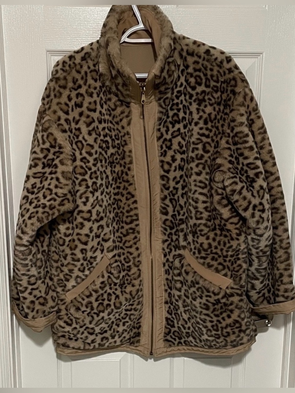 Womenโs Faux Fur Leopard Print Reversible Jacket